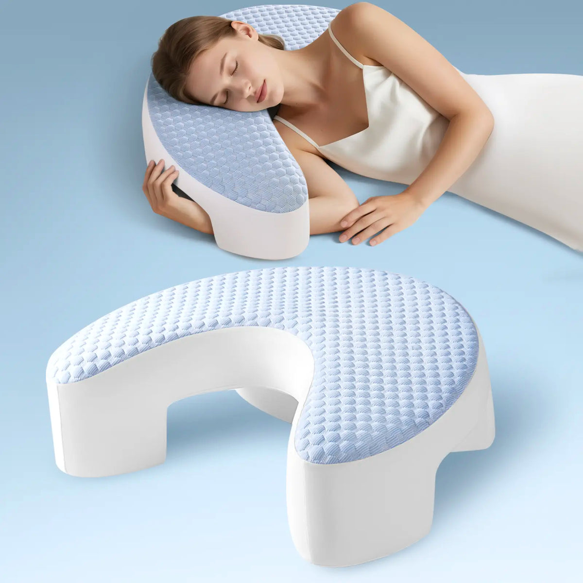 Ergonomic Adult Side Sleeper Pillow with Arm Hole Design & Concave Core, Cooling 17"X21" Blue Bedding, Neck Pain Relief, Facial Relief, Improves Breathing, Relieves Shoulder/Knee Pain, Detachable Cover (Bed/Sofa Use)