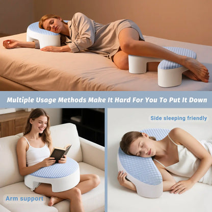 Ergonomic Adult Side Sleeper Pillow with Arm Hole Design & Concave Core, Cooling 17"X21" Blue Bedding, Neck Pain Relief, Facial Relief, Improves Breathing, Relieves Shoulder/Knee Pain, Detachable Cover (Bed/Sofa Use)