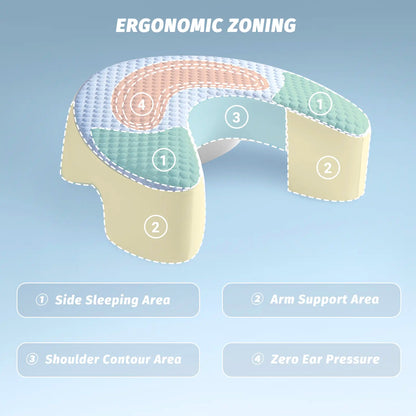 Ergonomic Adult Side Sleeper Pillow with Arm Hole Design & Concave Core, Cooling 17"X21" Blue Bedding, Neck Pain Relief, Facial Relief, Improves Breathing, Relieves Shoulder/Knee Pain, Detachable Cover (Bed/Sofa Use)