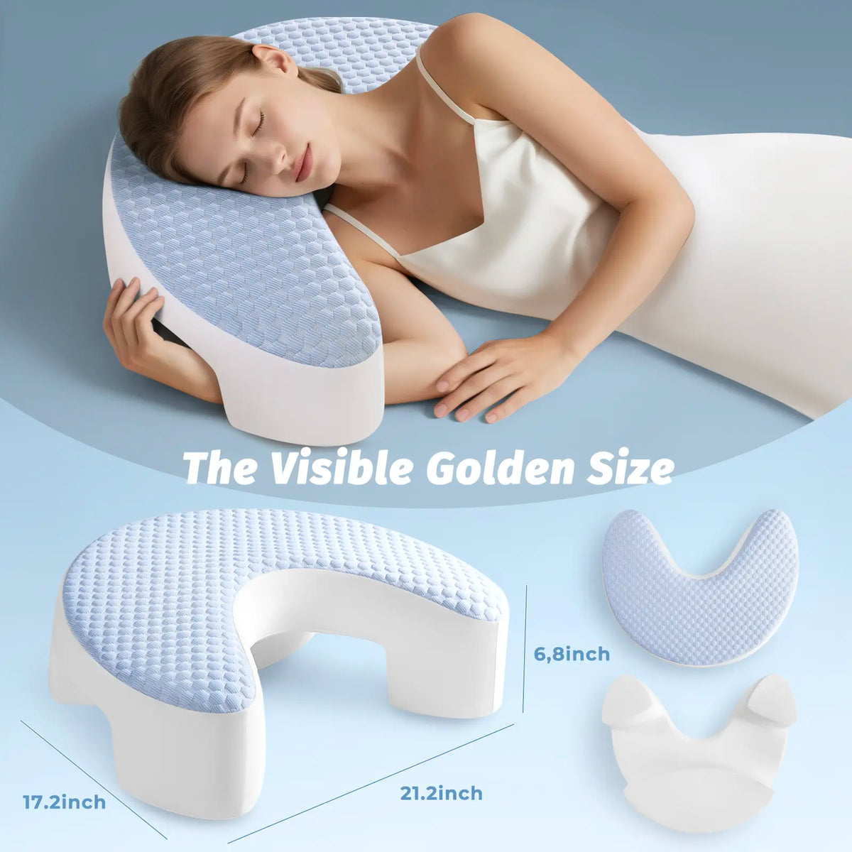 Ergonomic Adult Side Sleeper Pillow with Arm Hole Design & Concave Core, Cooling 17"X21" Blue Bedding, Neck Pain Relief, Facial Relief, Improves Breathing, Relieves Shoulder/Knee Pain, Detachable Cover (Bed/Sofa Use)